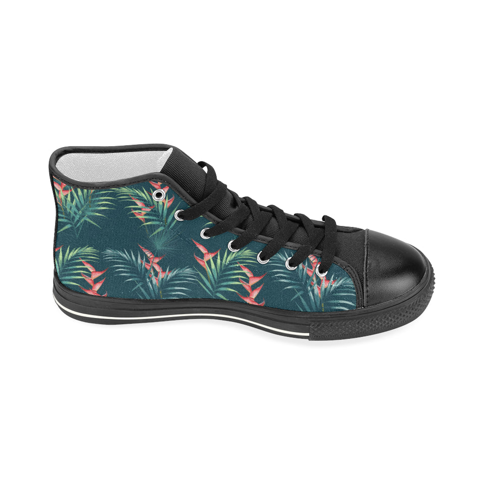heliconia flowers, palm and monstera leaves on bla Women's High Top Canvas Shoes Black