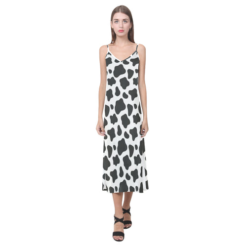 Cow skin pattern V-Neck Open Fork Long Dress