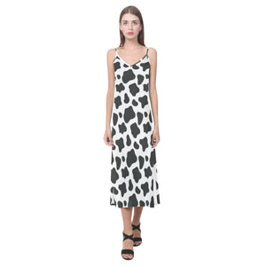 Cow skin pattern V-Neck Open Fork Long Dress