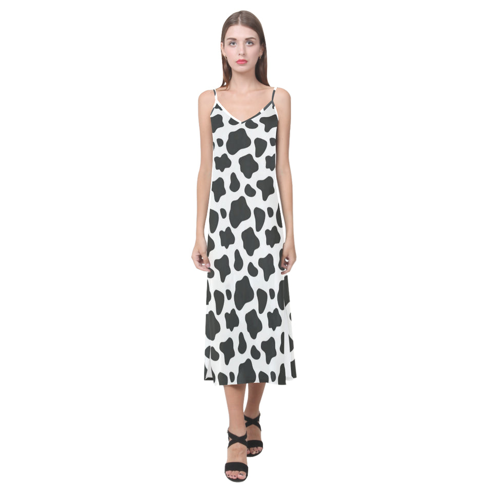 Cow skin pattern V-Neck Open Fork Long Dress