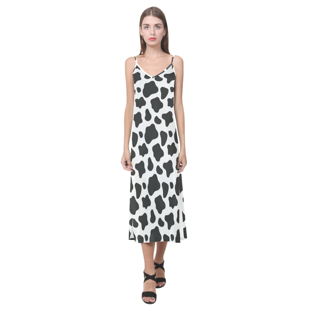 Cow skin pattern V-Neck Open Fork Long Dress