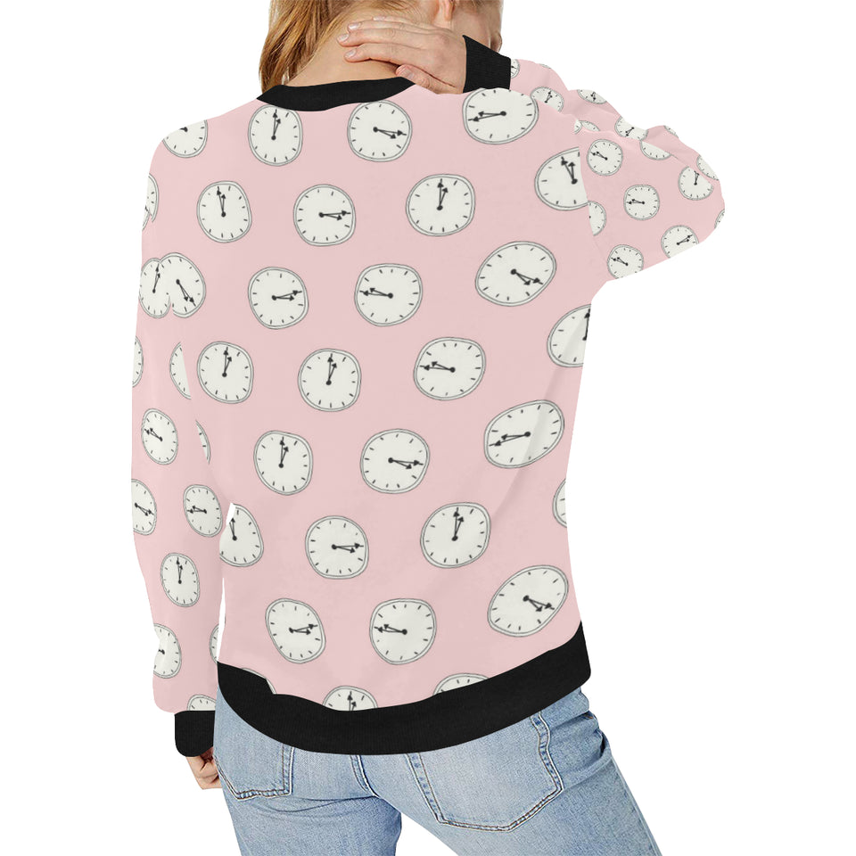 Clock pattern pink blackground Women's Crew Neck Sweatshirt