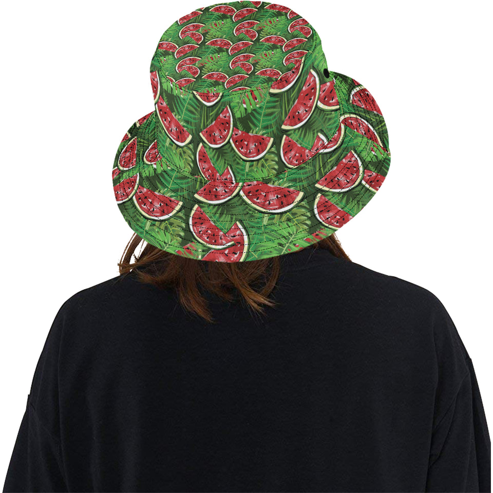 Watermelons tropical palm leaves pattern backgroun Unisex Bucket Hat