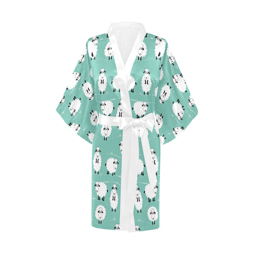 Cute sheep green background Women's Short Kimono Robe