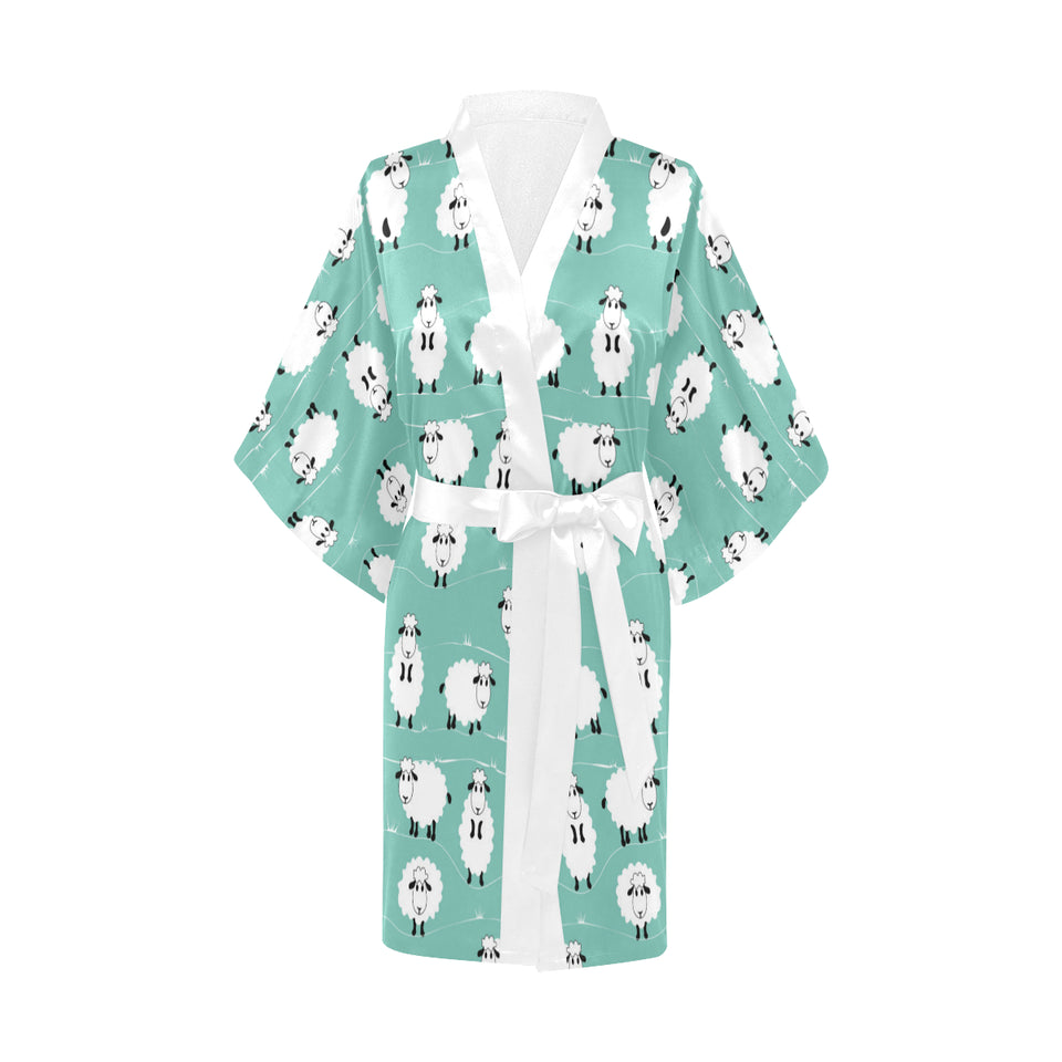 Cute sheep green background Women's Short Kimono Robe