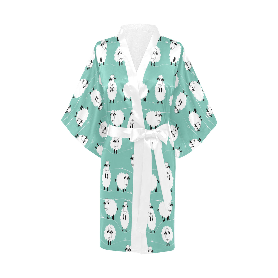 Cute sheep green background Women's Short Kimono Robe