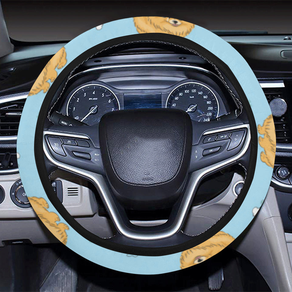 Brown cute pomeranian blue blackground Car Steering Wheel Cover
