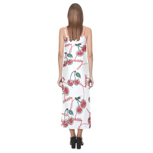 Hand drawn cherry pattern V-Neck Open Fork Long Dress
