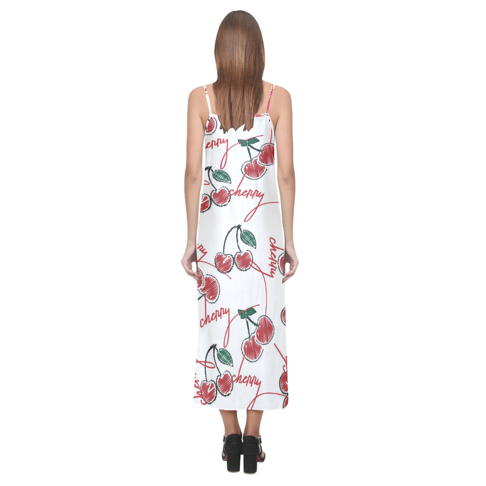 Hand drawn cherry pattern V-Neck Open Fork Long Dress