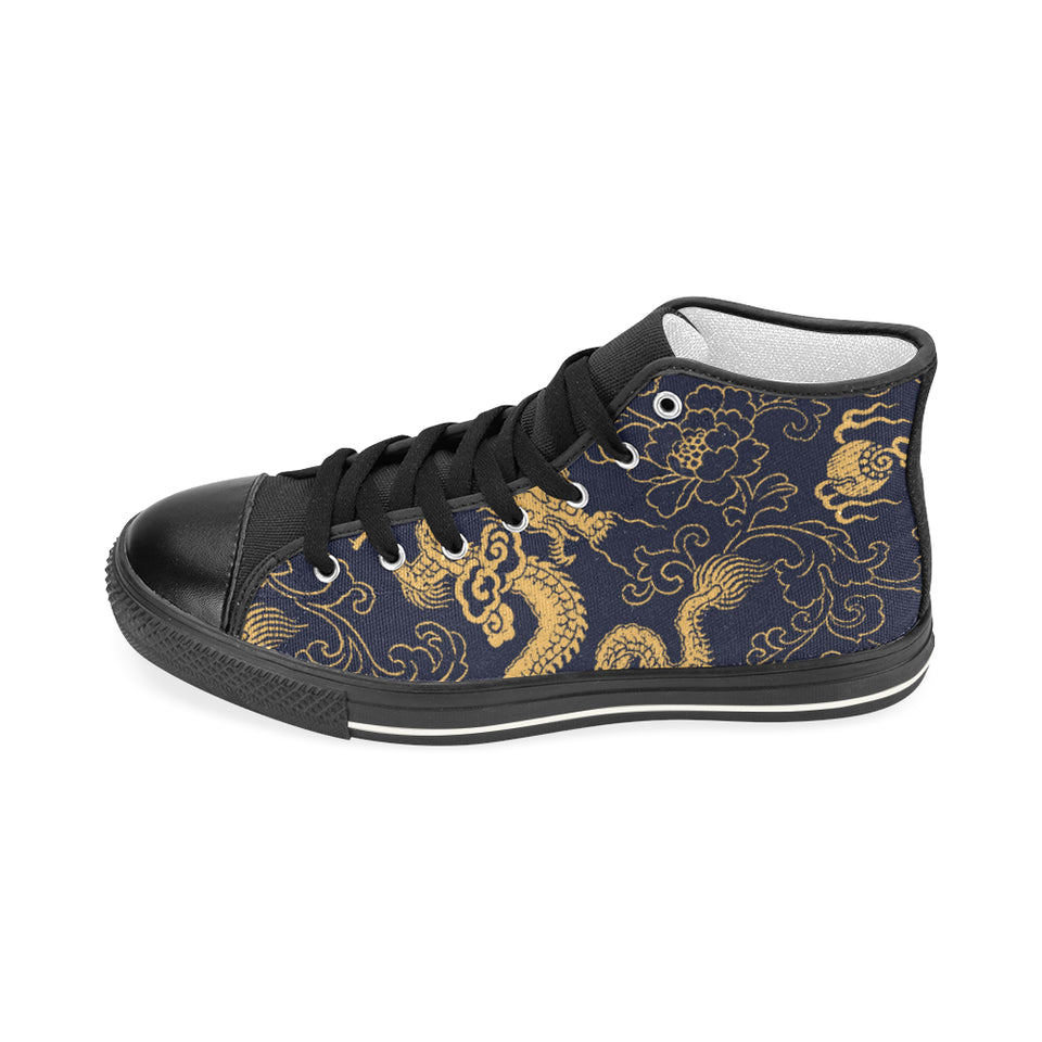 Gold dragon pattern Women's High Top Canvas Shoes Black