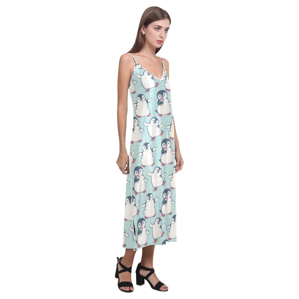 Cute Penguin pattern V-Neck Open Fork Long Dress