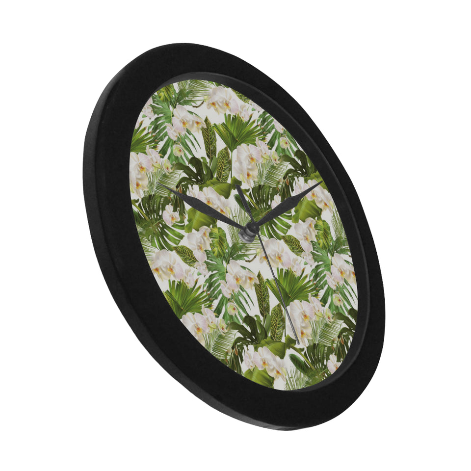 White orchid flower tropical leaves pattern Elegant Black Wall Clock