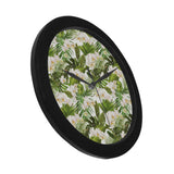 White orchid flower tropical leaves pattern Elegant Black Wall Clock