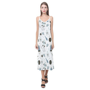 Hand drawn space elements space rocket star planet V-Neck Open Fork Long Dress
