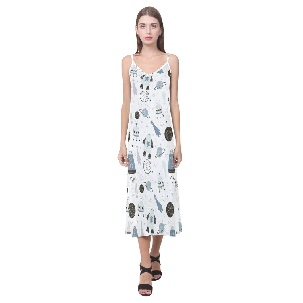 Hand drawn space elements space rocket star planet V-Neck Open Fork Long Dress