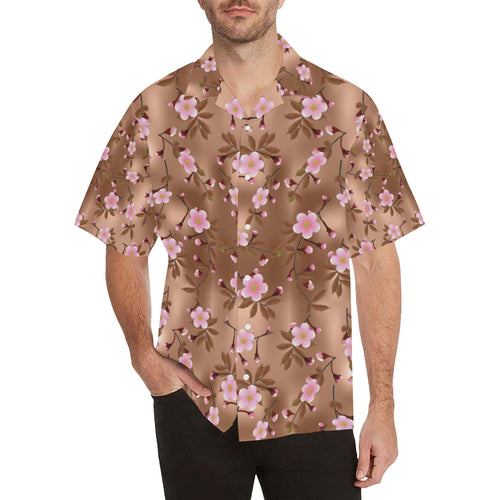 Pink sakura cherry blossom drak brown background Men's All Over Print Hawaiian Shirt