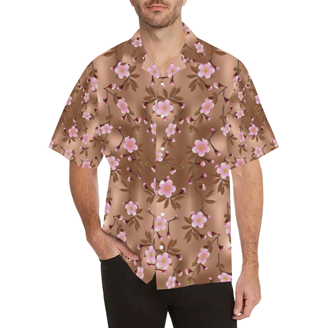 Pink sakura cherry blossom drak brown background Men's All Over Print Hawaiian Shirt