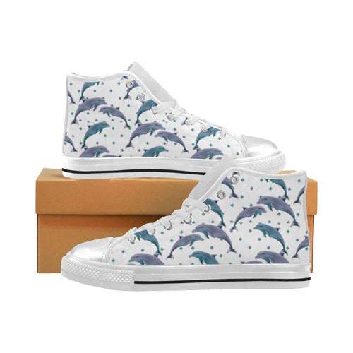 Dolphins pattern dotted background Women's High Top Canvas Shoes White