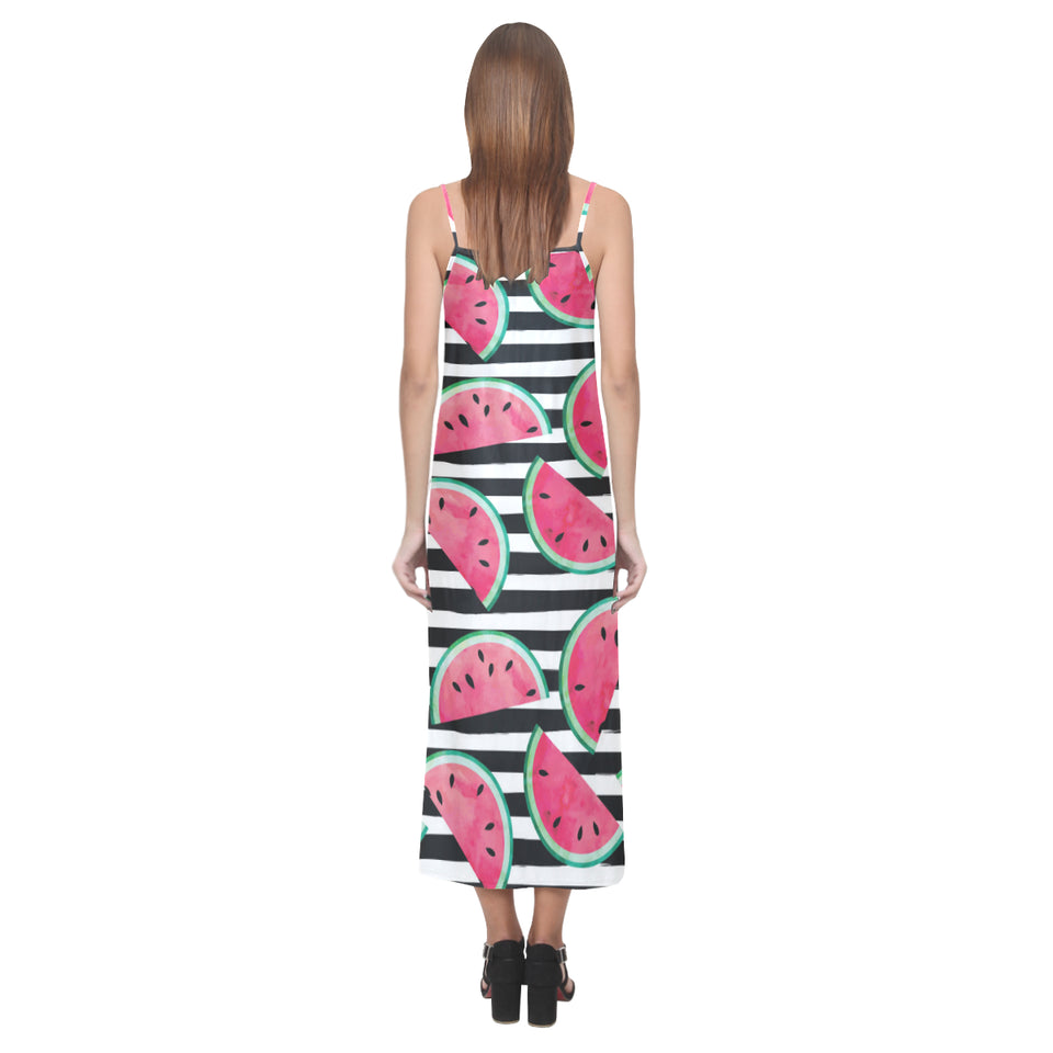 Watercolor paint textured watermelon pieces V-Neck Open Fork Long Dress