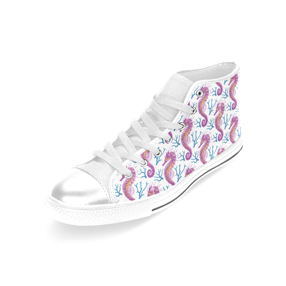 Purple seahorse blue coral pattern Women's High Top Canvas Shoes White