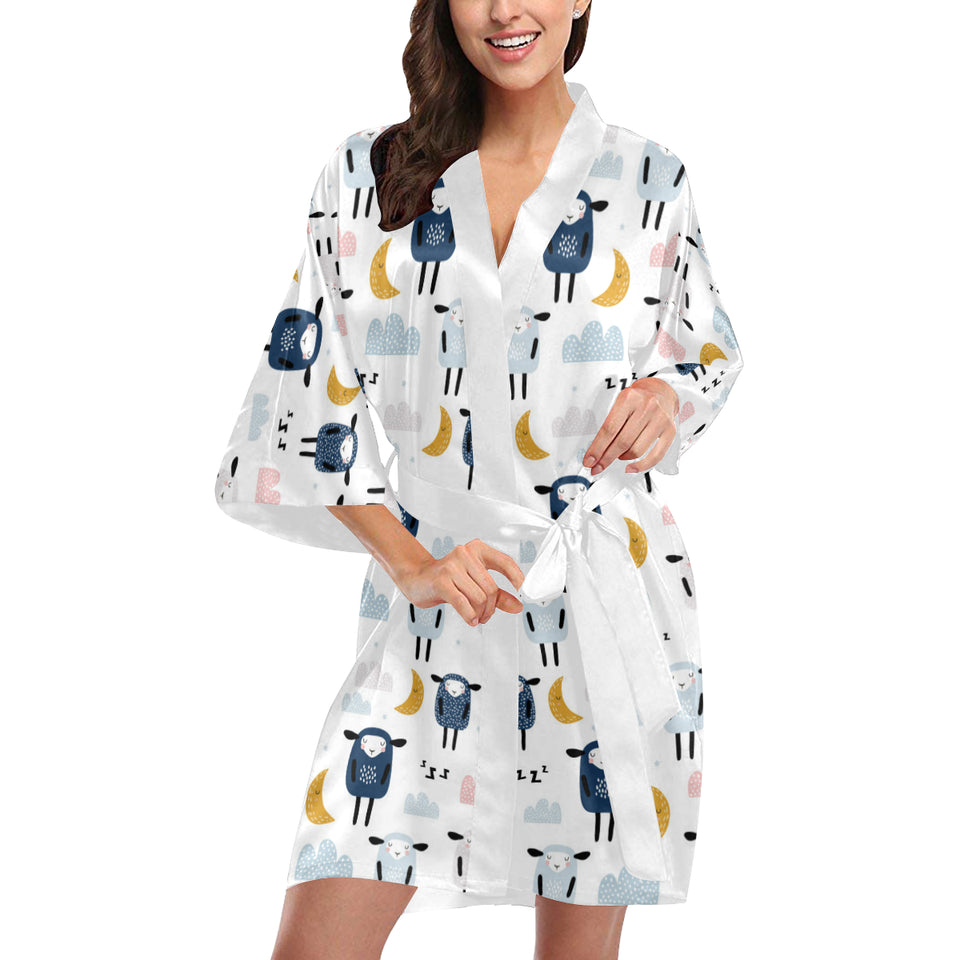 Cute sleeping sheep moon cloud pattern Women's Short Kimono Robe