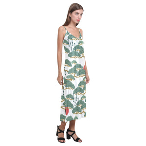 Bonsai red sun japanese pattern V-Neck Open Fork Long Dress