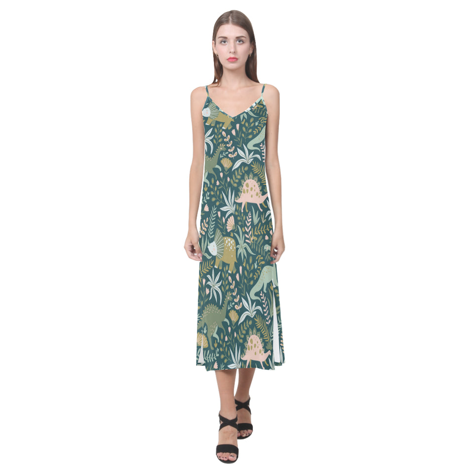 dinosaurs tropical leaves flower pattern V-Neck Open Fork Long Dress