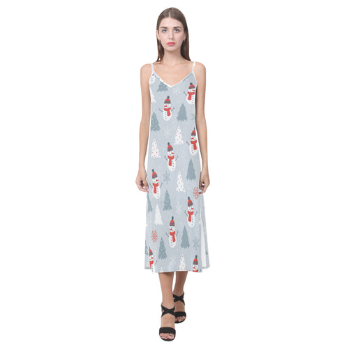 Snowman christmas  tree snow gray background V-Neck Open Fork Long Dress