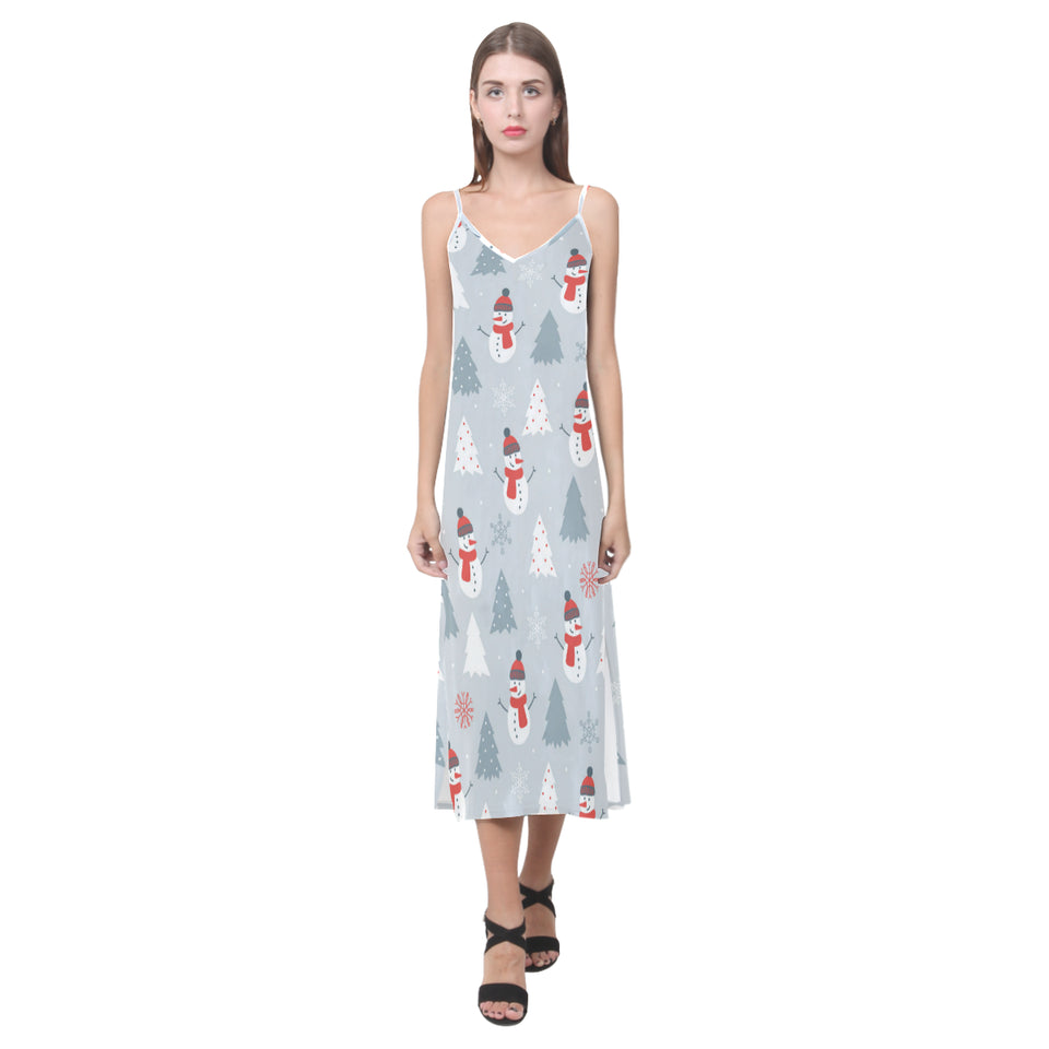 Snowman christmas  tree snow gray background V-Neck Open Fork Long Dress