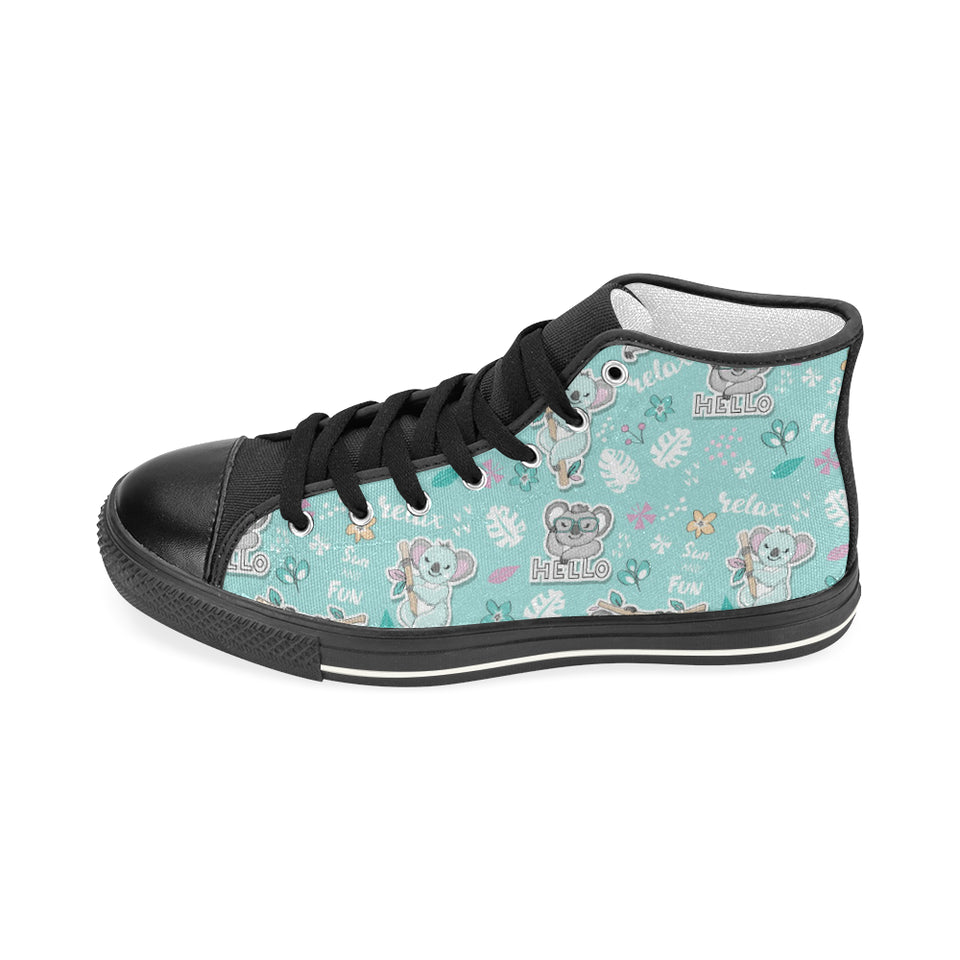 Cute koalas blue background pattern Women's High Top Canvas Shoes Black