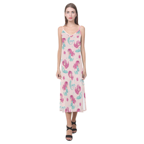 Cute little mermaid pattern V-Neck Open Fork Long Dress