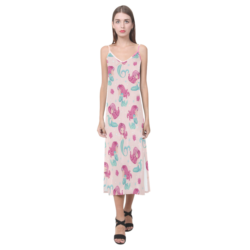 Cute little mermaid pattern V-Neck Open Fork Long Dress