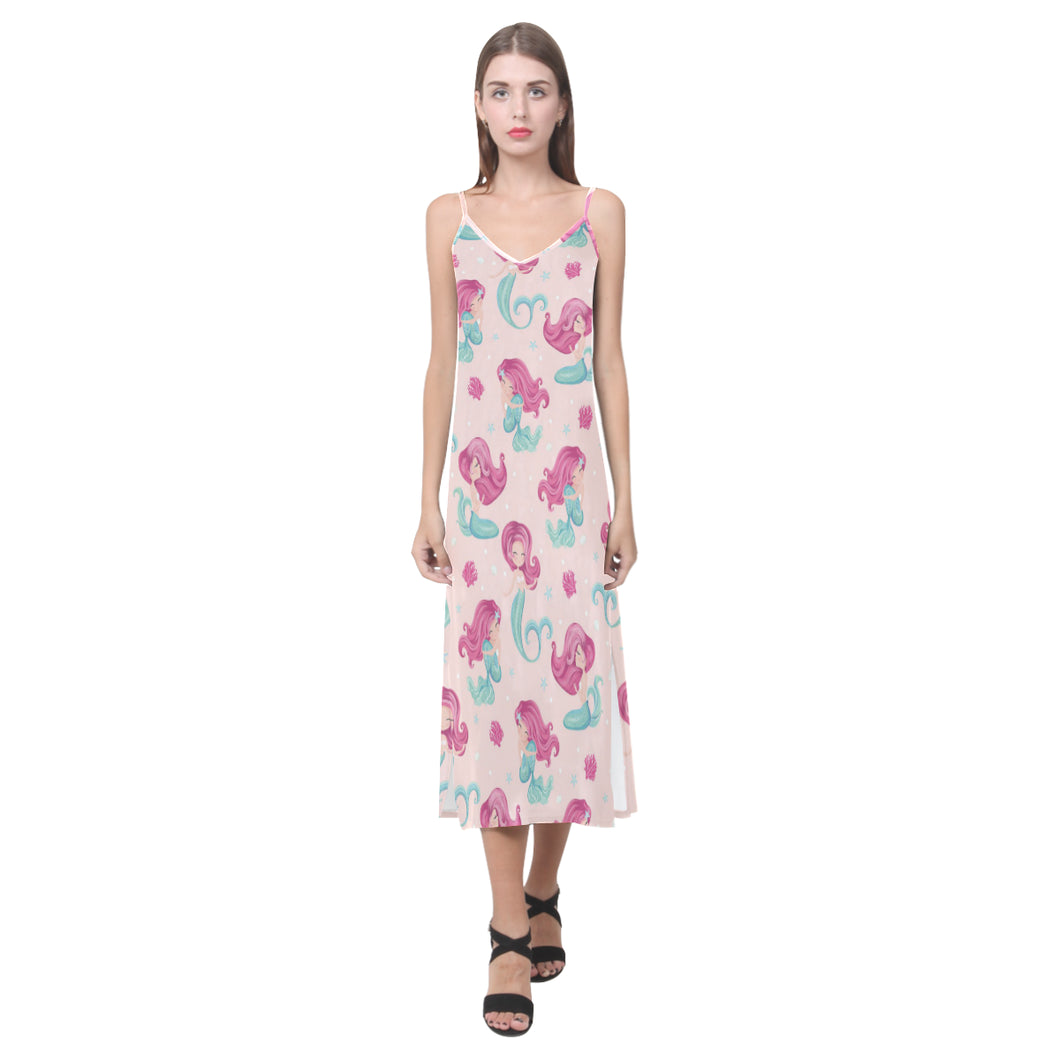 Cute little mermaid pattern V-Neck Open Fork Long Dress
