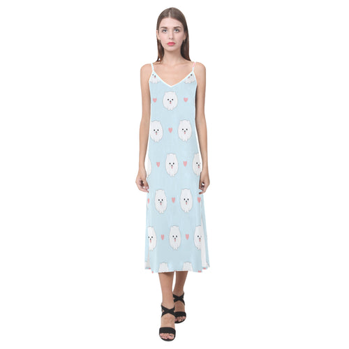 White cute pomeranian pattern V-Neck Open Fork Long Dress