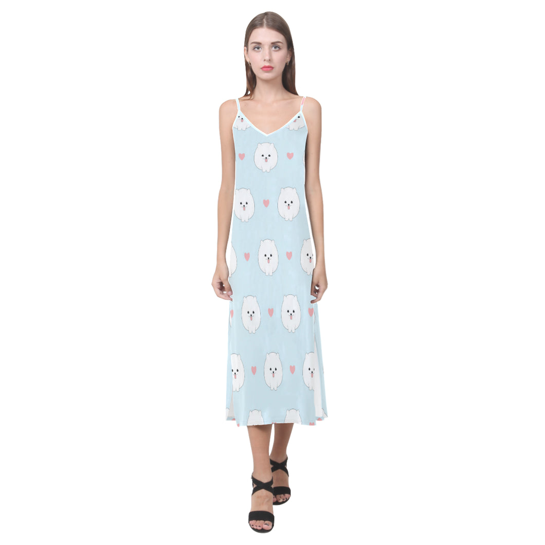 White cute pomeranian pattern V-Neck Open Fork Long Dress