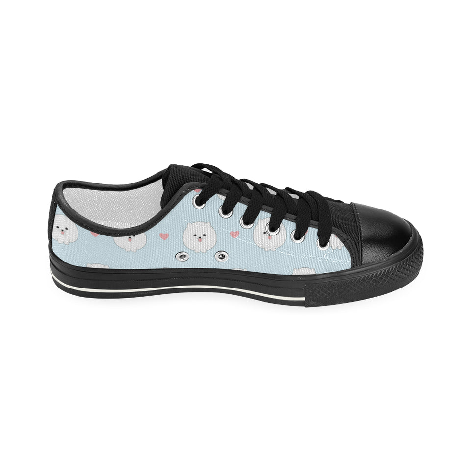 White cute pomeranian pattern Women's Low Top Canvas Shoes Black