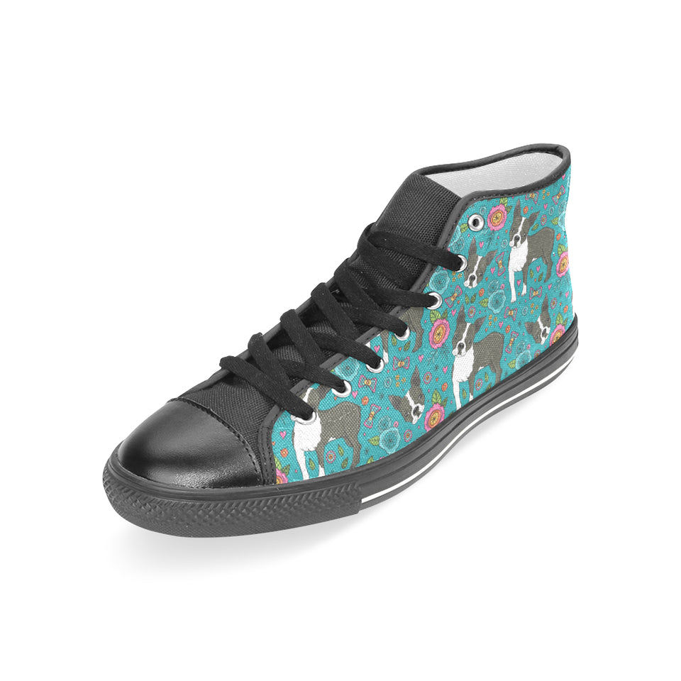 Boston terrier beautiful flower pattern Women's High Top Canvas Shoes Black