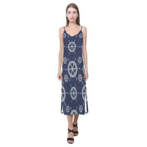 nautical steering wheel design pattern V-Neck Open Fork Long Dress