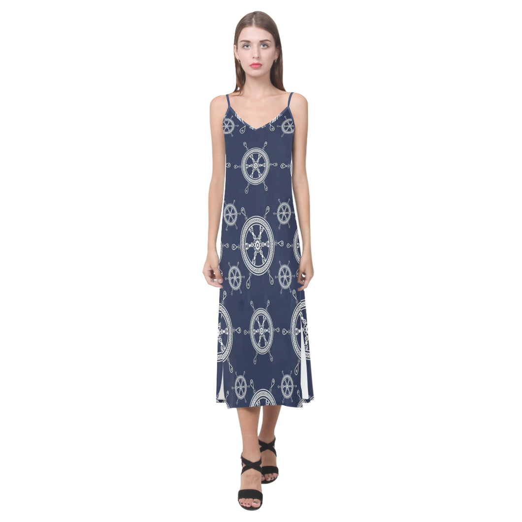 nautical steering wheel design pattern V-Neck Open Fork Long Dress