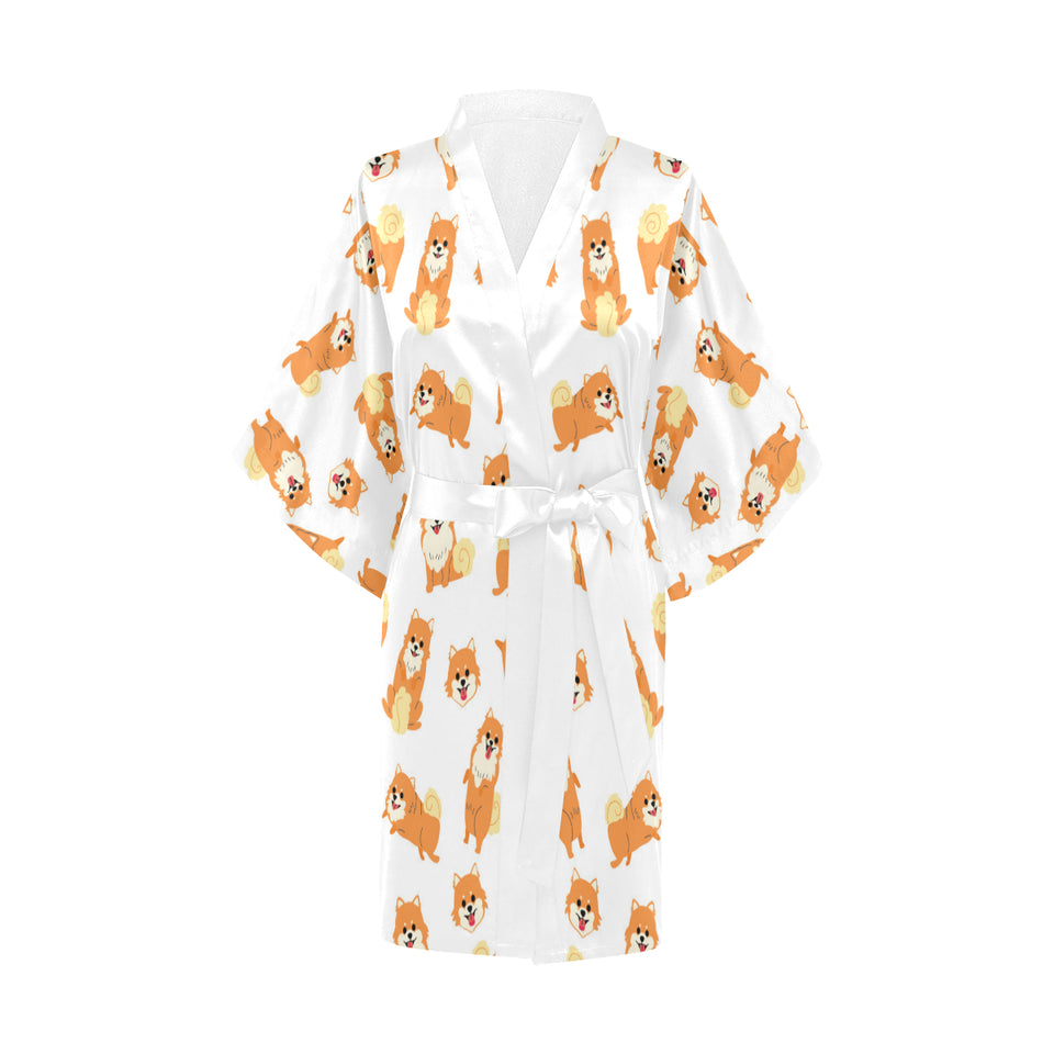 Brown pomeranian pattern Women's Short Kimono Robe
