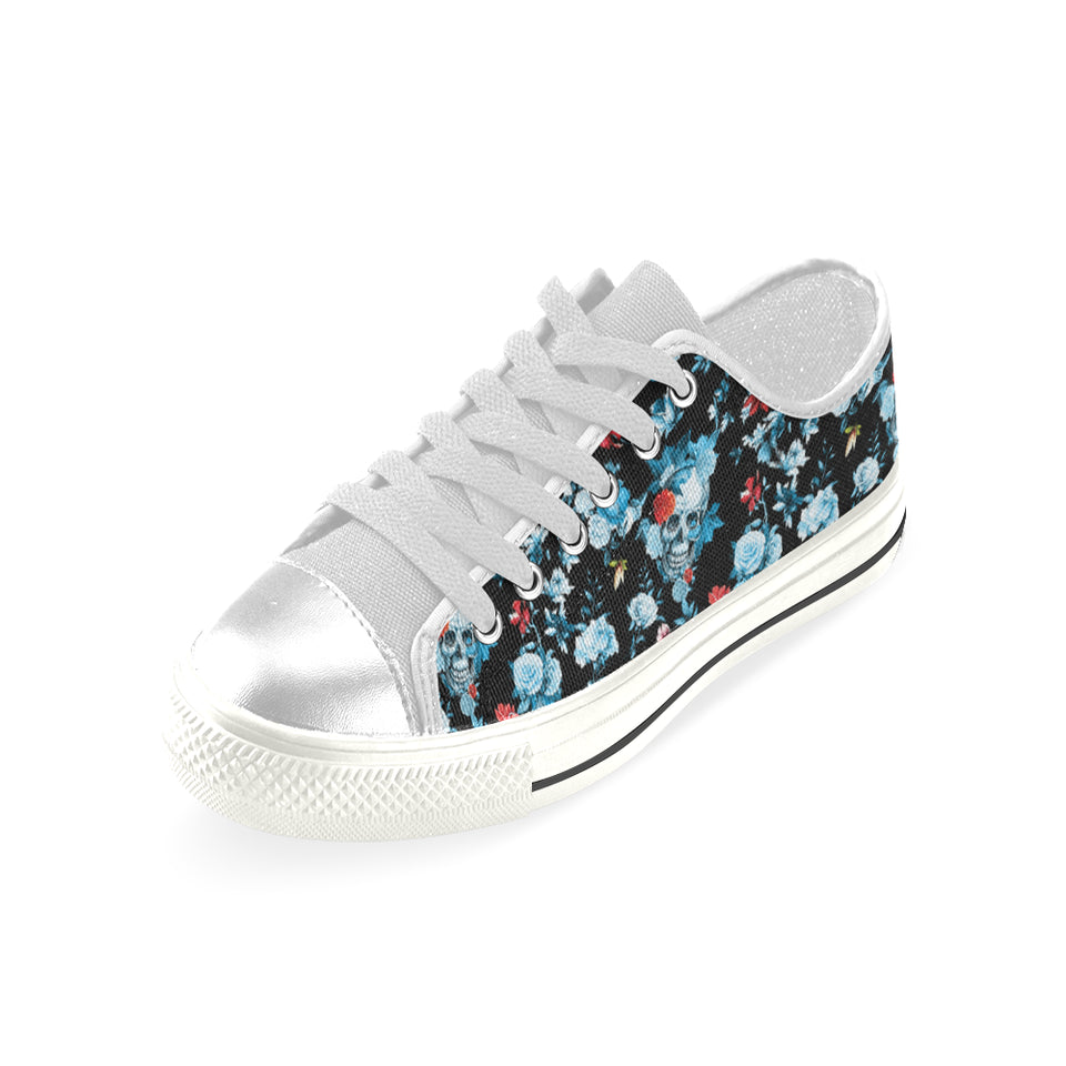 Skull flower roses leave pattern Women's Low Top Canvas Shoes White