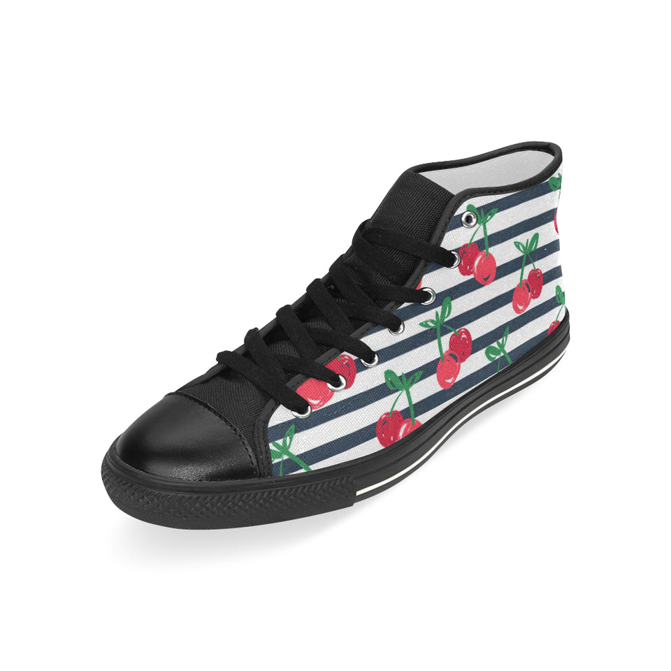 Hand drawn cherry pattern striped background Men's High Top Canvas Shoes Black