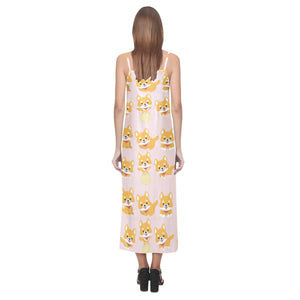 Cute shiba inu dog pattern V-Neck Open Fork Long Dress