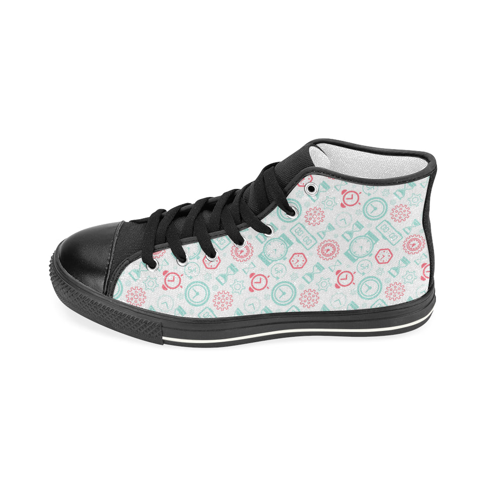 Clock time pattern blackground Women's High Top Canvas Shoes Black