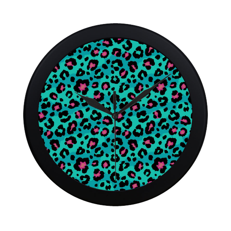 Green leopard skin print pattern Elegant Black Wall Clock