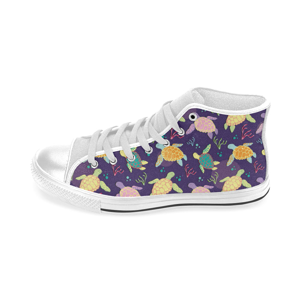 Colorful sea turtle pattern Men's High Top Canvas Shoes White