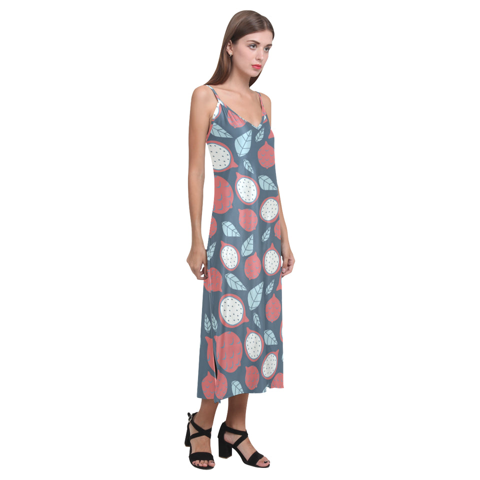 dragon fruits dark blue background V-Neck Open Fork Long Dress