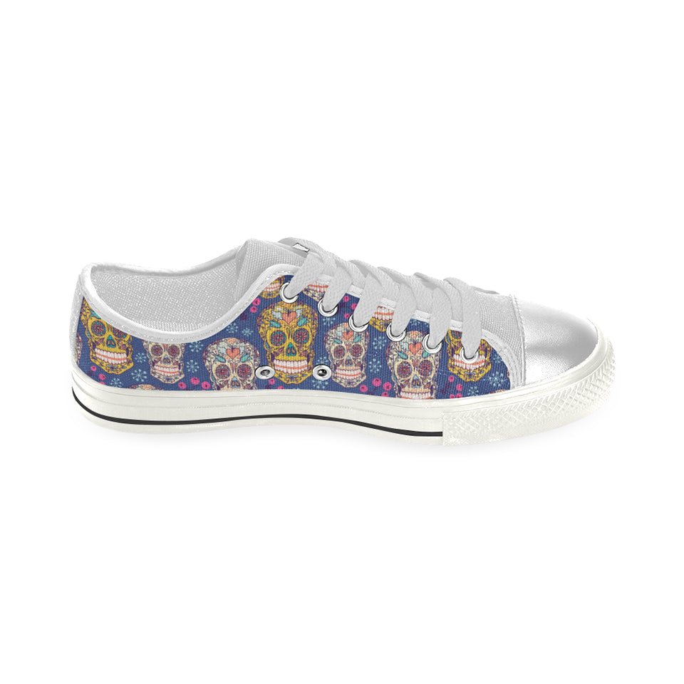 Sugar skull flower pattern Women's Low Top Canvas Shoes White