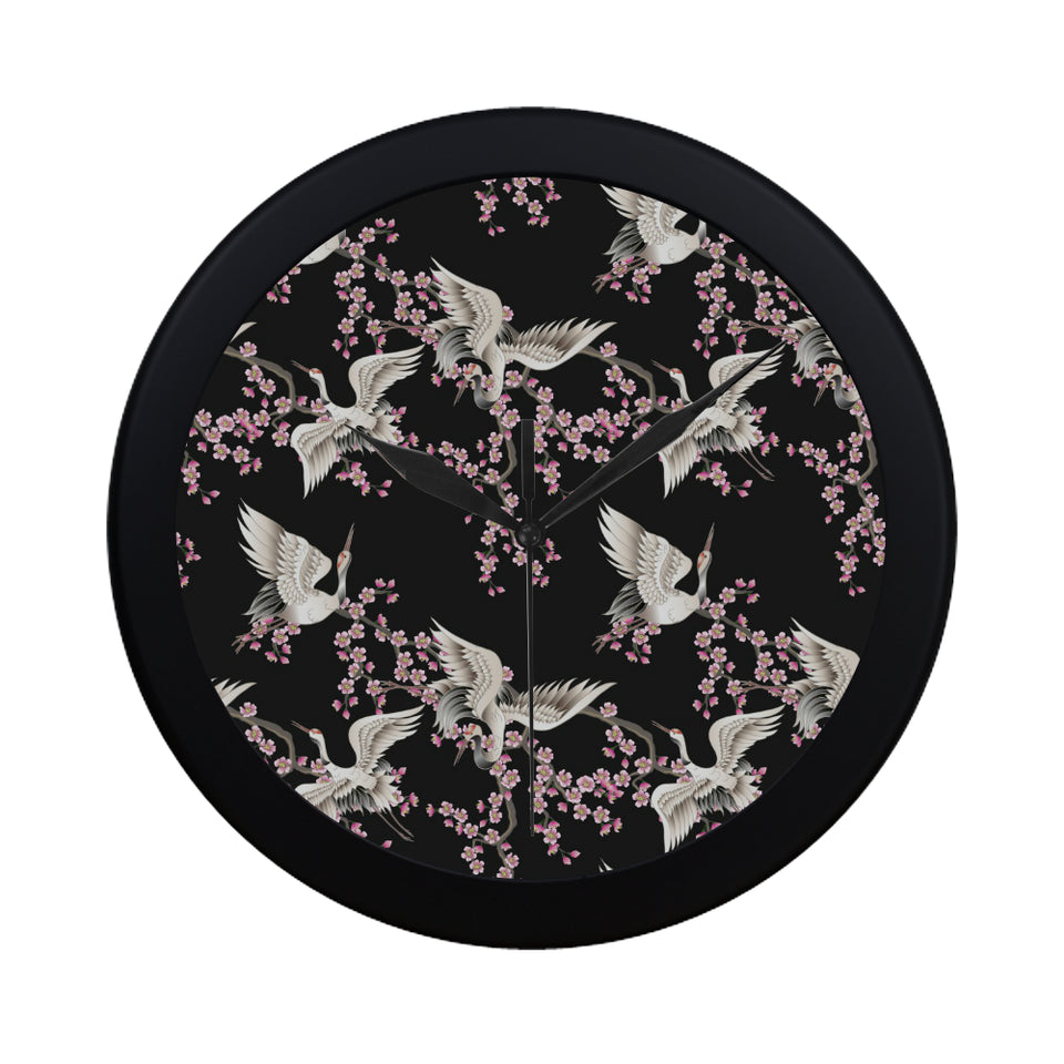 Japanese crane pink sakura pattern Elegant Black Wall Clock