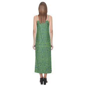 Crocodile Skin Printed V-Neck Open Fork Long Dress